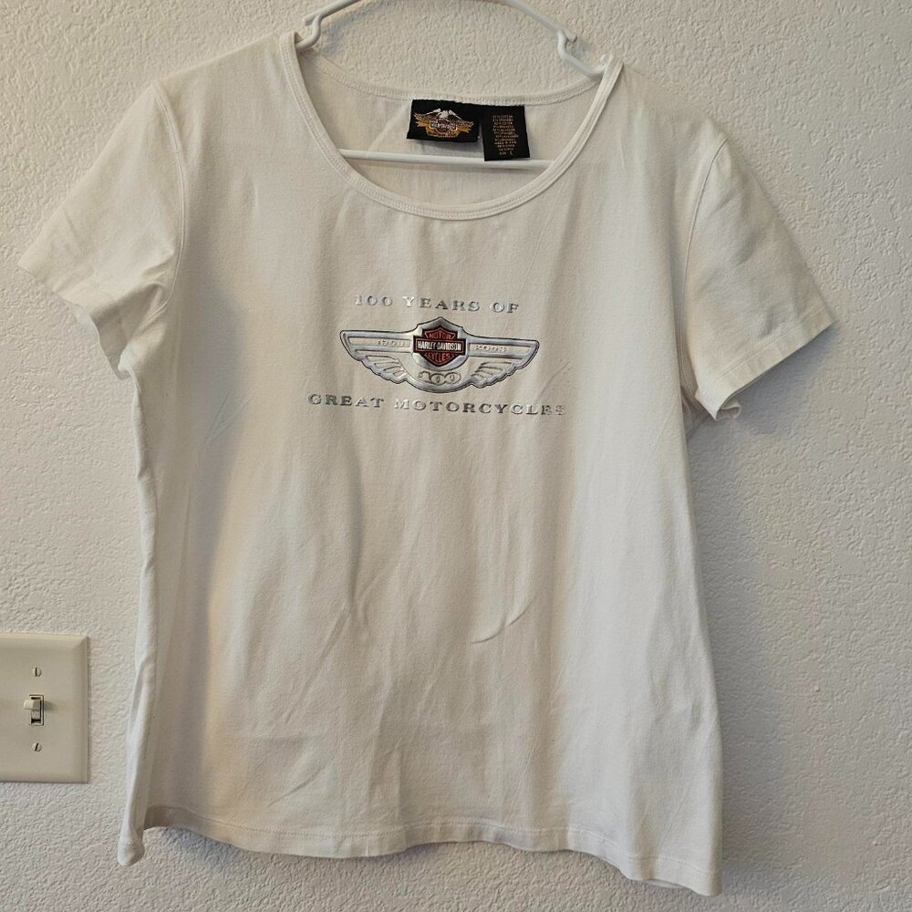 Harley Davidson Women's Tee Shirt Size L White With Silver Design and Shield